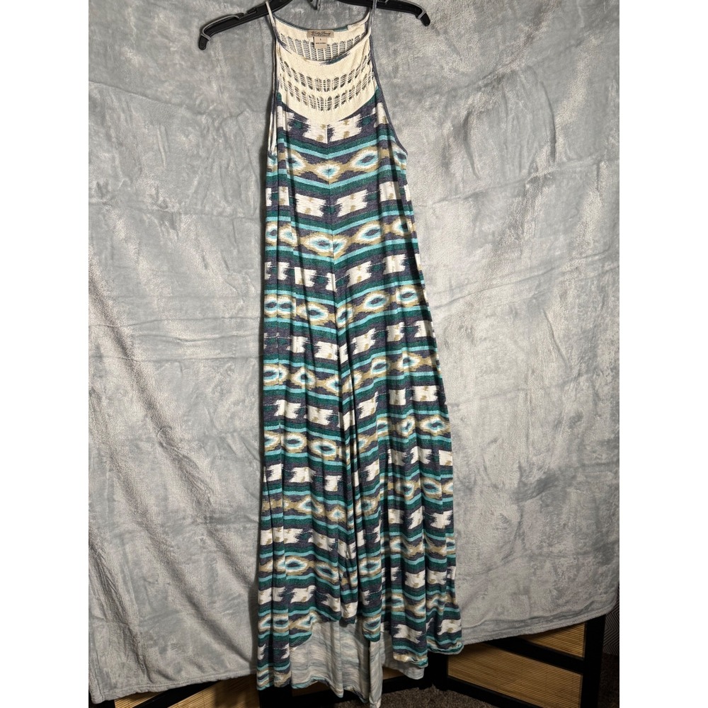 Lucky Brand Womens Ikat Print Crochet High Neck Maxi Dress Blue Teal Small